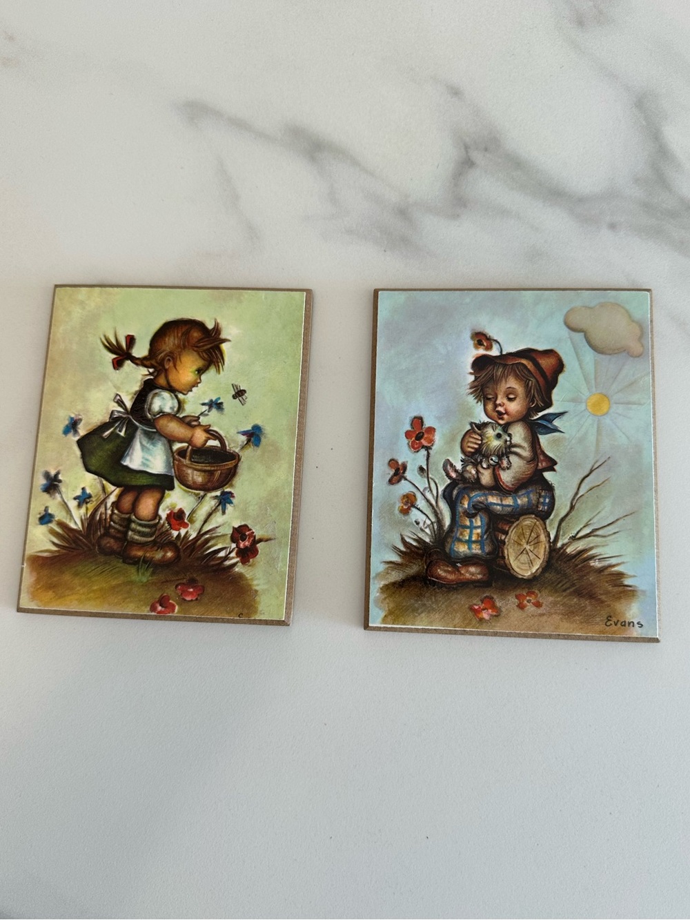 Two Vintage Evans Lithograph Prints Mounted on Wood. Hummel Style Children.